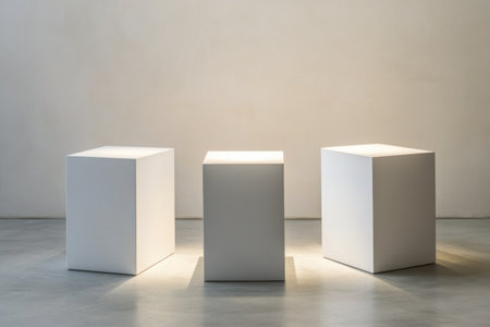 3 white cube pedestals, minimalist background, simple shapes, soft lighting, high-resolution photography, hyperrealistic, ultra-detailed, --ar 3:2 --v 6.1 Job ID: a612ef4f-7e44-4635-a0a9-c691abf446a3の素材
