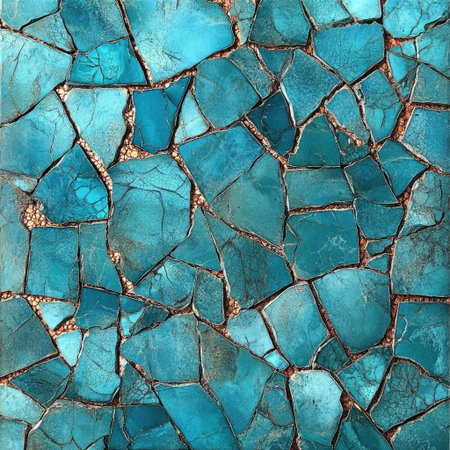 Mosaic-cracked, turquoise-blue texture with copper highlights. --v 6.1 Job ID: dde25f9d-dd0e-411f-9d1a-e607d21ca179の素材