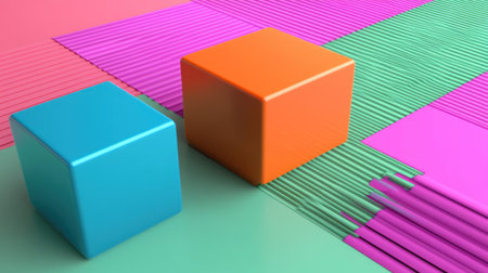 3D render, a colorful geometric background with simple shapes and bold colors. A bright pink and teal color scheme. In the center is an orange cross shape. On one side of it, there are green lines, and on another, purple stripes. There is also a blue cube shape. The overall feel should be playful yet modern. --chaos 30 --ar 16:9 --v 6.1 Job ID: 5ef22cb8-8769-4cd7-8a32-6ffe894346f7の素材