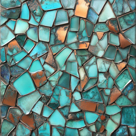 A mosaic of broken turquoise and copper shapes, with a 3D effect. --v 6.1 Job ID: 4f4a3513-3ec7-4738-9785-9536f45b9ef0の素材