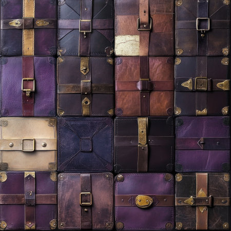 A pattern of leather trunks with brass buckles, in different shades and colors, arranged like panels on an old trunk. The background is a dark purple, creating a contrast between the leather textures and hues. There's an overall impression of vintage elegance. This design would be suitable for interior decor or fashion accessories. --v 6.1 Job ID: 798ca622-7246-4477-b282-004479818e96の素材