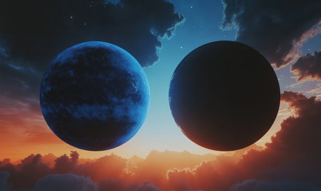 Two planets in space, one planet is blue and the other is black with a dramatic sunset sky, stars, and dark blue and orange tones, creating a cinematic scene. --ar 5:3 --v 6.1 Job ID: a835f2df-f731-43df-9d0f-1b28b7af6930の素材