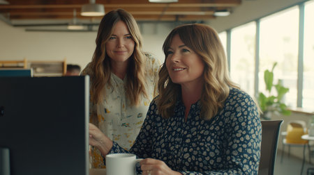 Two women in an office setting, one sitting at the computer and another standing behind her, pointing to something on the screen with a coffee mug in hand, wearing casual attire, with natural daylight from the window and a soft-focus background of interior design elements like decor and furniture, capturing a candid moment between the two female colleagues. The color palette features birch light colors and earth tones, suggesting a professional stock photo taken by a skilled photographer. --chaos 30 --ar 16:9 --v 6.1 Job ID: dd0c194e-e9ed-405f-93cc-d319ce5d0a14の素材
