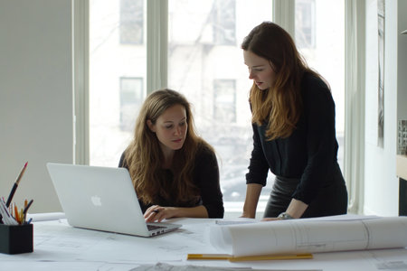 Two women in an office setting, one sitting at the desk with her laptop open and a pen ready to take notes, while another stands beside, showing or pointing towards something on it. The room is bright and white, with minimalist decor and large windows that allow natural light to fill the space. They both have expressions of focus as they work together. A pair of blueprints lies next to them, along with other architectural tools like models or drafting pens. --ar 3:2 --v 6.1 Job ID: 4764395a-a833-434b-8bb6-8a938459ae7fの素材