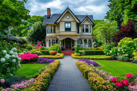 A beautiful mansion with ornate architecture, surrounded by lush green gardens and colorful flowers. The front yard features elegant pathways leading to the entrance of the house, which is adorned with intricate details and vibrant colors. This scene captures the essence of luxury living in an opulent home surrounded by nature's beauty. --ar 3:2 --v 6.1 Job ID: d29498f5-e05c-44d6-8980-e09265e3805cの素材