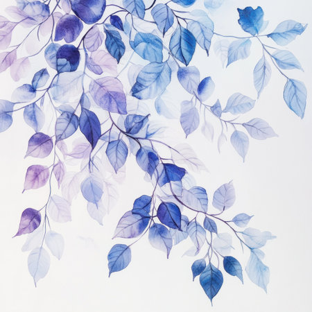 Watercolor painting of leaves and vines, in shades of purple and blue, on a white background, with delicate details. --v 6.1 Job ID: 0120a53e-a306-4d9a-9d3c-f5c9ada5629eの素材