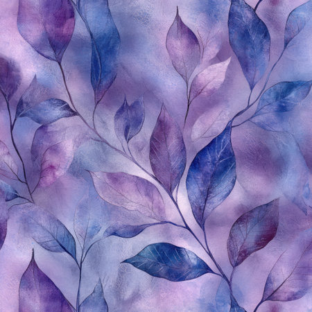Watercolor leaves in shades of purple and blue, set against an abstract background with soft lighting. The leaves have intricate details and appear to be swaying gently in the wind. This design would make for a beautiful wallpaper or print on fabric or paper. It could also evoke feelings of calmness and tranquility when seen in a person's home decor. --v 6.1 Job ID: 9bb6398d-a2db-499b-800a-e3d8e5141d36の素材