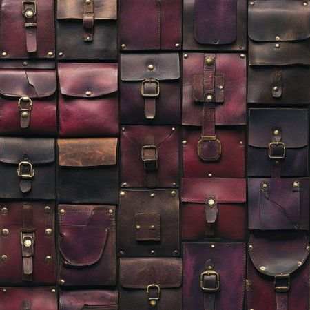 A pattern of leather satchels with metal buckles, in various shades of dark red and purple, arranged to form an intricate design on the wall. The details include brass rivets and aged brass hardware, creating a vintage feel. --v 6.1 Job ID: deddf8ec-a0fb-4ca2-8da3-ac88e5f51d18の素材