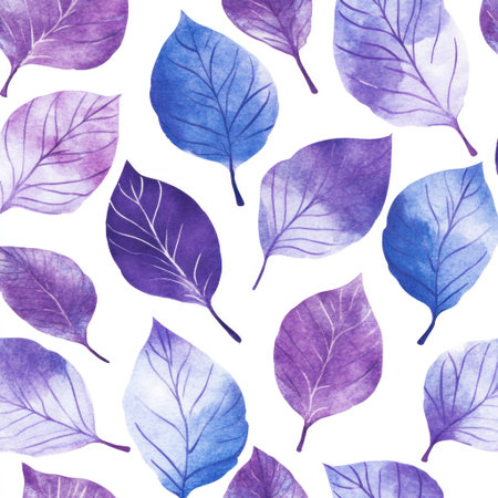 Pattern of leaves in watercolor, with purple and blue colors on a white background. --v 6.1 Job ID: 8389088f-ef9f-4975-9230-2aa1fe690c9fの素材