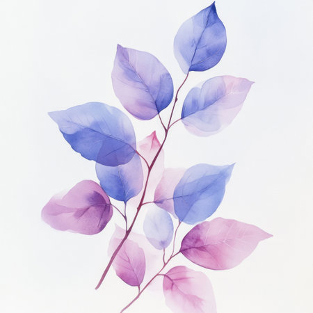 Watercolor painting of light purple and blue leaves on a white background, with a dark pink branch. --v 6.1 Job ID: f510f90c-5028-4f2c-aea8-7aa2dd20b153の素材