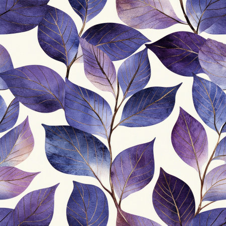 Watercolor leaves in shades of purple and blue, arranged on an off-white background with gold accents. The design includes various types of leaf shapes and sizes, creating a harmonious pattern that is both elegant and modern. This print would be suitable for home decor or fashion accessories like scarves or bags. Ultra-realistic photograph, high resolution, white background. --v 6.1 Job ID: d69ea411-744d-4b40-bb8f-fc51bcd8b283の素材
