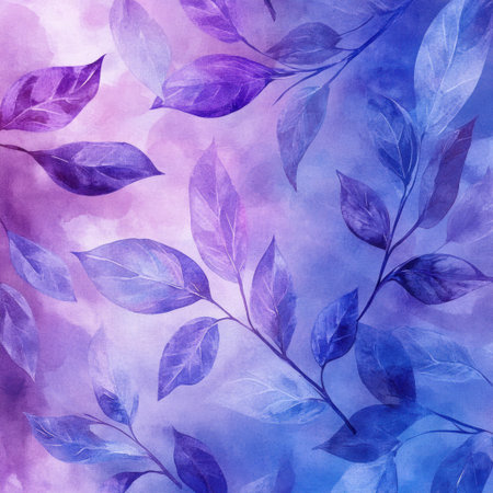Watercolor leaves in shades of purple and blue, set against an abstract background with soft lighting. The leaves have intricate details and appear to be swaying gently in the wind. This design would make for a beautiful wallpaper or print on fabric or paper. It could also evoke feelings of calmness and tranquility when seen in a person's home decor. --v 6.1 Job ID: 9bb6398d-a2db-499b-800a-e3d8e5141d36の素材