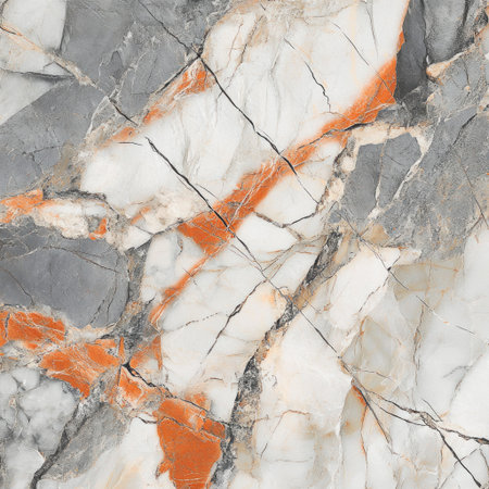 A marble texture with a cracked and broken surface, featuring shades of gray, white, orange, and red, with subtle hints of abstract shapes and patterns. The background is a solid color to highlight the detailed cracks on top of the marble. This design would be suitable for use as an elegant backdrop or wallpaper in various settings. --v 6.1 Job ID: 7e22353c-a0a9-44c6-9502-f84482aabaccの素材