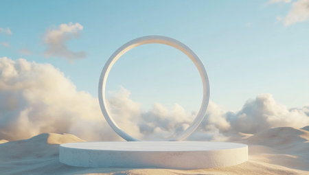 3D render of a white, empty podium platform and circular ring with clouds on a sand desert background for product display presentation. An abstract, minimal scene with copy space concept. --ar 53:30 --v 6.1 Job ID: daf41598-ea2f-4e6e-85f3-3938fdafde11の素材