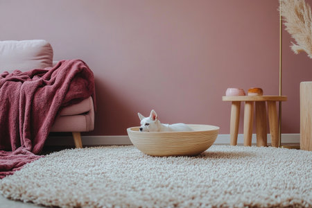 A minimalist living room with light pink and burgundy accents, featuring a plush rug, modern coffee table, sofa covered in a velvet blanket, wooden side tables, and a brass floor lamp. The setting is bright and airy, creating an inviting atmosphere for relaxation or socializing. --ar 3:2 --v 6.1 Job ID: 92f2a867-8609-4284-a906-68df1bab0ff5の素材