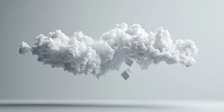 3D rendering of flying white cubes on a light grey background. Abstract minimalistic design with geometric shapes, cubes levitate in the air and form a cloud-like shape. Scene for advertising a product or graphic presentation. --ar 2:1 --v 6.1 Job ID: 53754b73-387f-454b-99aa-71acaf9fb213の素材