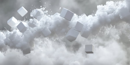3D render of white cubes floating on a grey background. A cloud of white boxes with cubes floating in the air. Abstract cube shape design, a dynamic composition for a banner or poster. --ar 2:1 --v 6.1 Job ID: 8a91bc8c-8867-4388-9e2e-28aebdc281acの素材