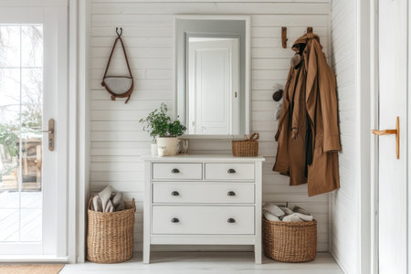 White wooden entryway with a white chest of drawers, a mirror, and a coat rack on the wall. Scandinavian home interior design of a modern entrance hall or hallway with a door. --ar 3:2 --v 6.1 Job ID: 969fe124-dfaa-435e-b792-3d5880fa922fの素材