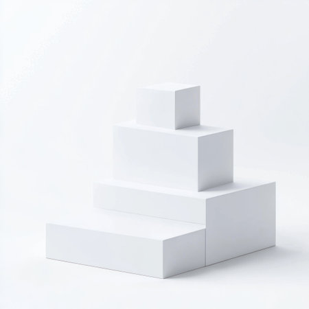 White boxes stacked in the shape of steps, white background, simple design, vector illustration, 3D rendering, front view. --v 6.1 Job ID: 5e4d3c69-545c-41b4-9f60-5949ce4b27dbの素材
