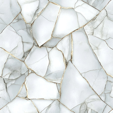 A pattern of cracked marble with white and gray colors, showcasing the beauty in imperfection. The background is a soft gray to accentuate each piece's unique texture and shape. A thin golden outline forms delicate borders around some pieces for an elegant touch. This design would be suitable as wallpaper or interior decor that captures the essence of luxury without being overly minimalist, with high resolution. --v 6.1 Job ID: 88171c8f-685f-4859-99e5-863764dbc07eの素材