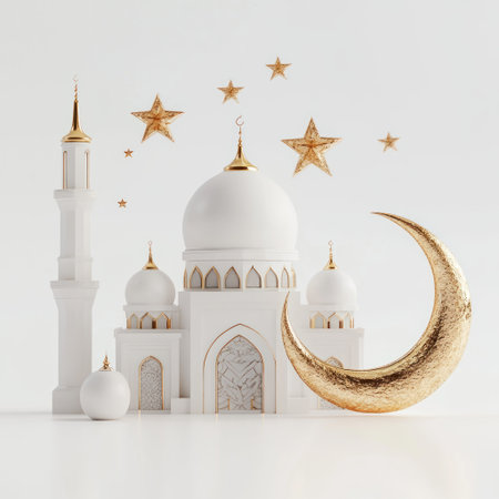 3D render of a white mosque with a golden moon and stars. On the right side, there is a gold crescent shape, all against a white background. Hyper-realistic, super-detailed. --v 6.1 Job ID: 79b58ebb-2419-4787-b136-8931b010860eの素材