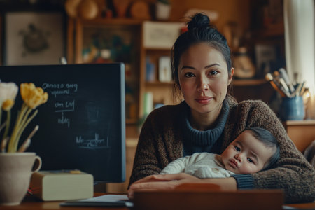 A mother sits at her desk, holding and looking into the camera while working on an online video conversation with someone. She uses only one hand to write on a chalkboard in front of the computer screen. A baby sleeps peacefully in her arms, in a warm, home environment. The photo was taken in the style of Canon EOS R5. --ar 3:2 --v 6.1 Job ID: 350c594c-e2d9-4747-bca4-1bb9e0376117の素材