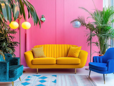 Vibrant pink wall with a yellow sofa and blue armchair, creating an inviting living room atmosphere. The scene includes decorative elements like floor lamps and plants to enhance the space's style. --ar 4:3 --v 6.1 Job ID: cda9233c-092d-4967-a180-0602c6c71806の素材