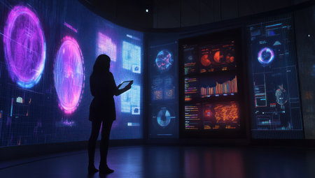 A Black businesswoman in an office, standing before large screens displaying data and graphs, holding her tablet with AI illustrations on the screen, showing signs of digital transformation in diverse fields like education or retail. The dark room is illuminated by soft LED lights, creating an atmosphere that conveys innovation and technology's impact across various sectors of industry. Canon EOS-1D X Mark III photo. Cinematic colors and sharp focus. --ar 53:30 --v 6.1 Job ID: 7d95e620-bef3-4da9-9f46-cda1bf8f4517の素材