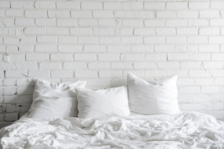 White brick wall background with an unmade bed and white pillows and duvet, with copy space for text. --ar 3:2 --v 6.1 Job ID: 1a1b74d0-8b6c-47f5-a8e9-86bc5c2c2b4fの素材