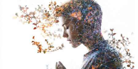 A person in front of a white background is interacting with digital elements, surrounded by complex neural networks and data visualizations, conveying the idea that technology should be designed to make life more comfortable and sustainable. This is a transparent double exposure photograph, shot on a Sony Alpha A7 III camera in the style of double exposure photography. --ar 2:1 --v 6.1 Job ID: 942bd7b5-ef71-488b-a61d-6037ea745c3cの素材