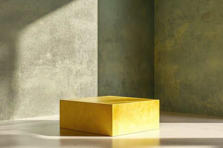3D render of a yellow, empty cube podium in a minimal room background. Vector presentation design with a copy space area. --ar 3:2 --v 6.1 Job ID: 40db37c9-6795-4eb2-a60b-91e4b0d4702eの素材
