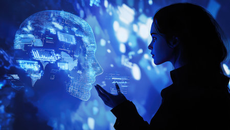 A digital artwork depicting an AI head in profile view, with a holographic data visualization in the background. The blue color scheme adds sophistication to the scene. A silhouette figure is seen in front of it, holding several visual elements such as graphs and charts in her hand, symbolizing artificial intelligence technology. Captured with a Nikon D850 and a wide-angle lens, the image captures every detail of the subject with stunning clarity and depth. --ar 53:30 --v 6.1 Job ID: 937c7e65-0376-4300-8740-6928bd528328の素材