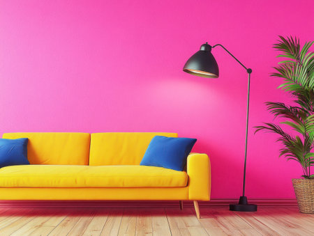Vibrant pink wall, sofa, and floor lamp against it; yellow sofa with blue armrests; wooden flooring; plant on the right side of the sofa; bright interior design; home decor concept; high-resolution photography. --ar 4:3 --v 6.1 Job ID: 2a6afb8f-8580-45af-8c18-c8b9c93c4715の素材