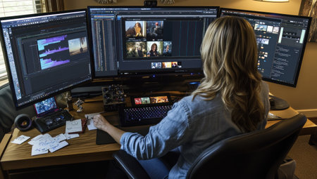 A female video editing professional is sitting at her desk, working on two monitors displaying the tools and interface of an AI-powered video editing software used for post-production photography. She's dressed in casual attire with dark blue jeans and a white shirt. The office environment has a warm ambiance and lighting that create a focused yet inviting atmosphere. There are various notes and images stuck to one monitor, indicating she may be exploring different angles or scenes. --ar 53:30 --v 6.1 Job ID: f3120f05-1f03-4101-97dc-94ae1dbdb1c4の素材