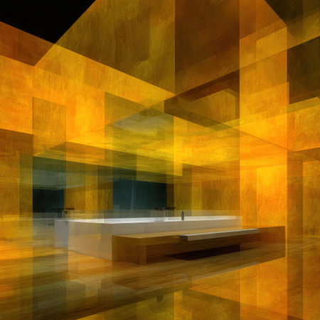 Abstract architectural rendering showcasing a luminous, layered interior bathed in golden lightの素材