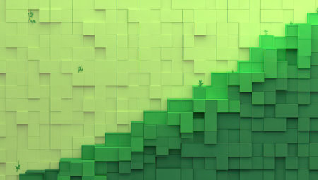 Abstract, gradient green cubes climb, with small plants scattered across the ascending terrainの素材