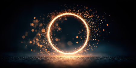 Glowing orange ring of light with particles against a dark background, some light belowの素材