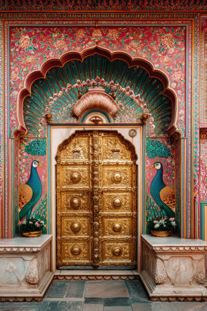 Ornate gold door under a detailed archway, vibrant colors, flanked by peacocksの素材