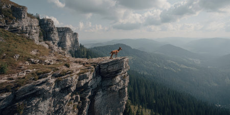 A dog stands atop a cliff overlooking a vast mountain range with forest and cloudy skyの素材