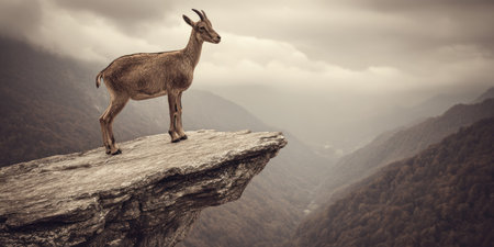 A mountain goat stands on the edge of a cliff, overlooking a vast, misty mountain rangeの素材