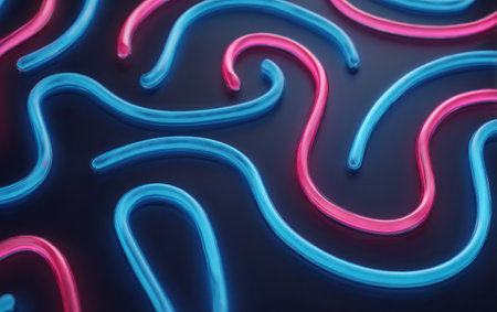 Neon-like curving tubes, pink and blue, on a dark background, glowing and abstractの素材