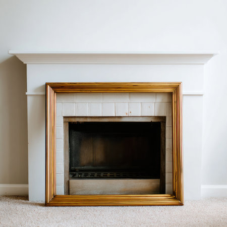 An empty fireplace framed with gold, set against a white wall and a beige carpetの素材
