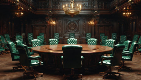 Opulent boardroom with circular table, green chairs, ornate wood paneling, chandeliersの素材