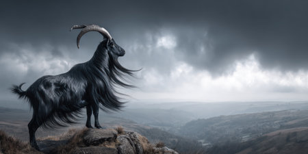A majestic black goat with long flowing hair stands atop a rocky peak against a stormy skyの素材