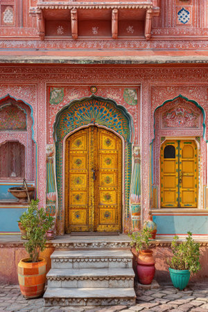 Ornate Indian facade with a central gold door flanked by smaller, yellow doorsの素材