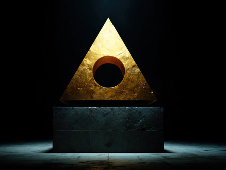 Golden triangular object with eye-shaped hole atop stone base, dark moody backgroundの素材