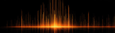 A graphic featuring glowing orange lines emanating upward from a horizontal, reflective surface, on blackの素材