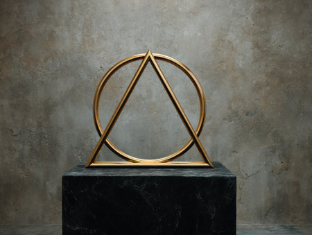 Golden geometric sculpture, triangle inside circle, on black cube against textured wallの素材