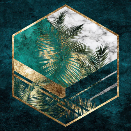 Geometric hexagon art with teal, gold, marble, and palm fronds against a textured backdropの素材