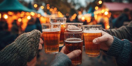 Hands clinking full glasses of amber liquid, blurred background of festive lights and peopleの素材